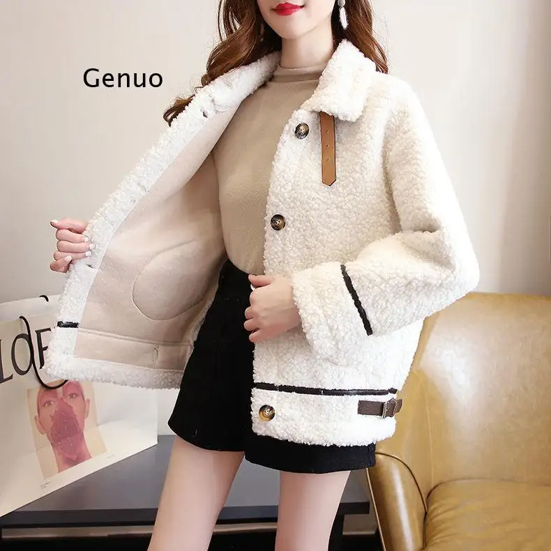 Thick Soft Fleece Jacket Faux Wool Jacket Women Pocket Buttons Overcoat Double Leather Buckle Lapel Windproof Teddy Plush Coat