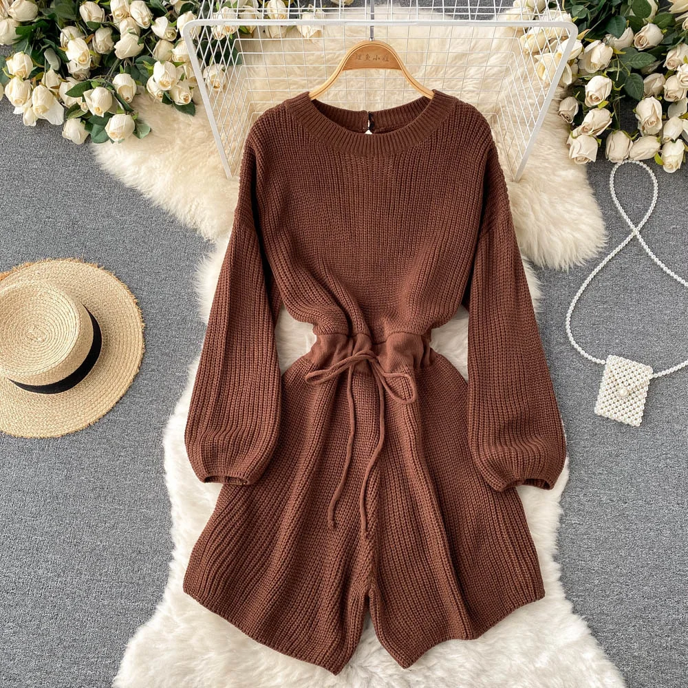 Women Knitted Playsuits Fashion Streetwear O-neck Long Sleeve Drawstring Lace-up Back Hole Casual Loose Short Jumpsuit Overalls