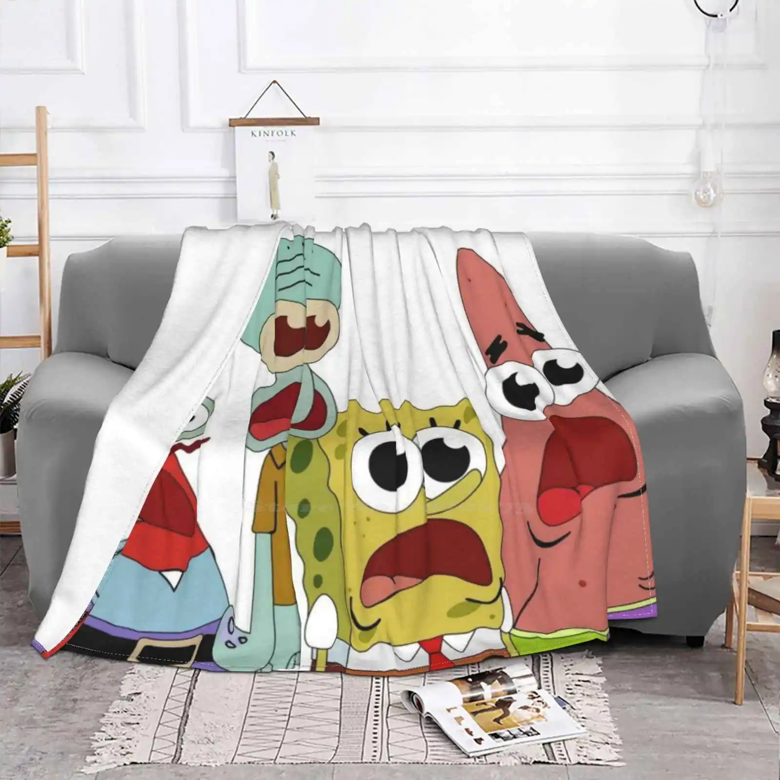 Big Eyed Patrick Squidward And Mr. Krabs Four Seasons Comfortable Warm Soft Throw Blanket Bigeyed Bigeyes Trippy Patrick