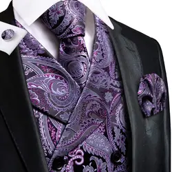 Hi-Tie Purple Floral Paisley Silk Men Slim Waistcoat Necktie Set For Suit Dress Wedding 4PCS Vest Necktie Hanky Cufflink Set