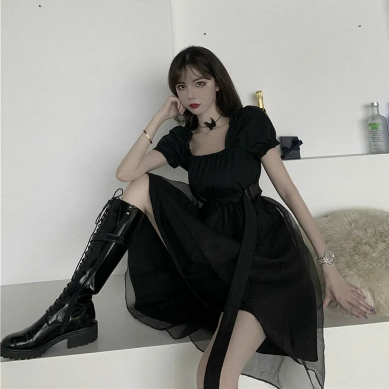 Giapponese Delle Donne di Nero Vestito Gothic Lolita Vintage Vittoriano Ragazza Puff Manica Corta Organza Maglia Del Collare Del Quadrato A-Line Punk Abiti