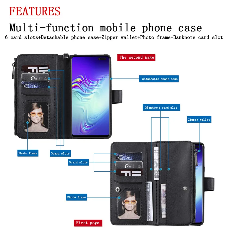 Magnet Detachable Wallet Phone Case For Samsung S10 5G S9 S8 Plus S10e Note 8 9 10 Plus Leather Card Slots Handbag Bag Cover