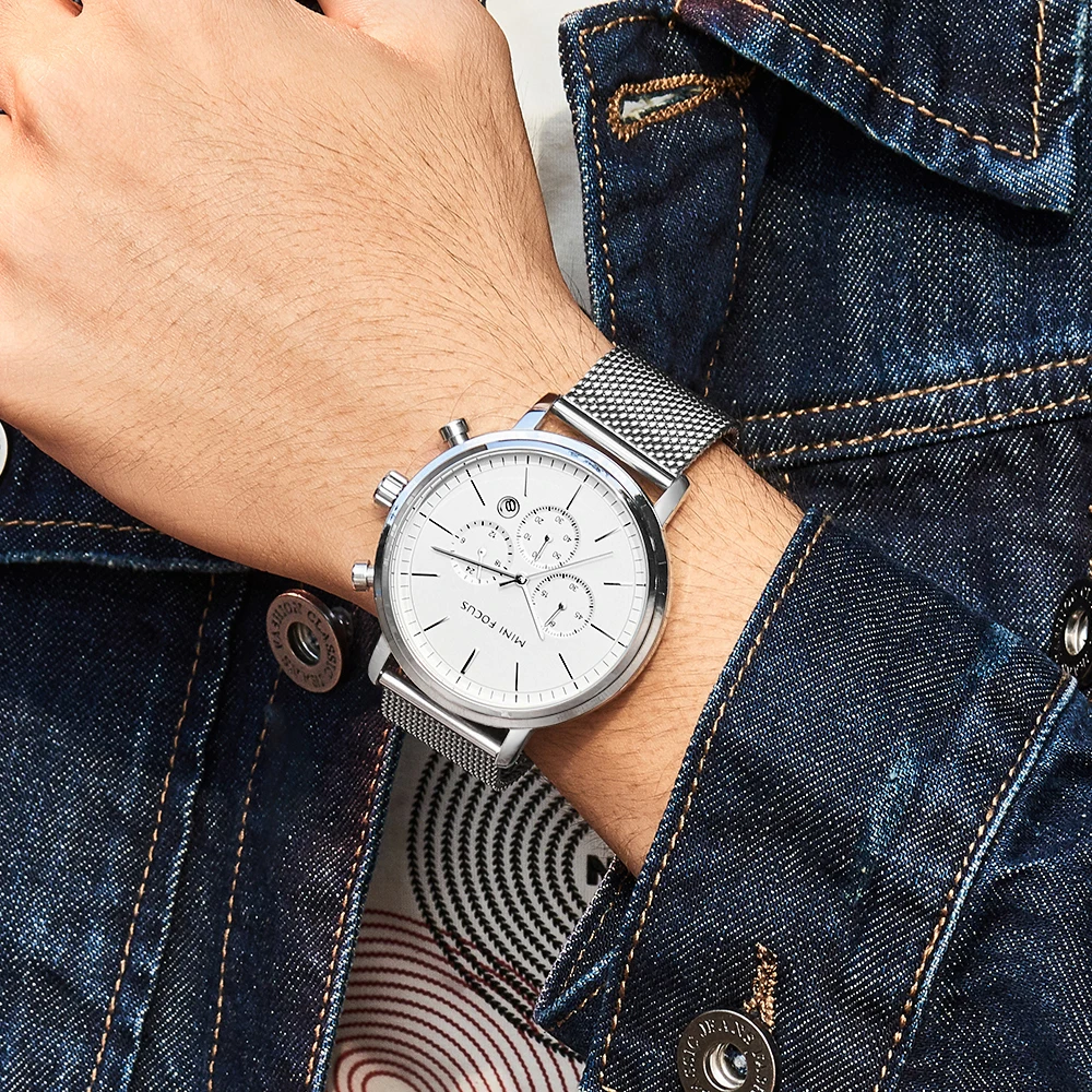 MINI FOCUS Mens Watches Fashion Top Brand White Chronograph Sport Waterproof Quartz Wristwatch For Men Clock Relogio Masculino