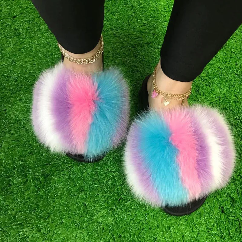 Summer Women Essential Fluffy Fur Sandals Ladies Practical Family Home Breathtaking Fur Slides Gril\'s Furry Fur Beach Flip Flops