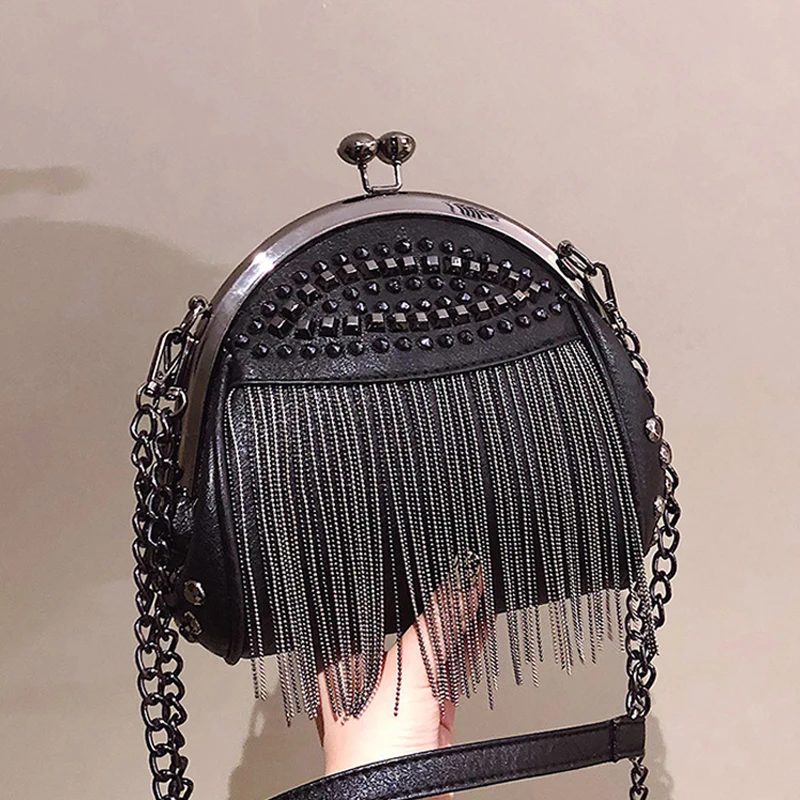 Fringe Designer Insert Rivet Vintage Fashion PU Leather Chain Women Shoulder Crossbody Bag Shell Bags Women\'s Handbags Purses