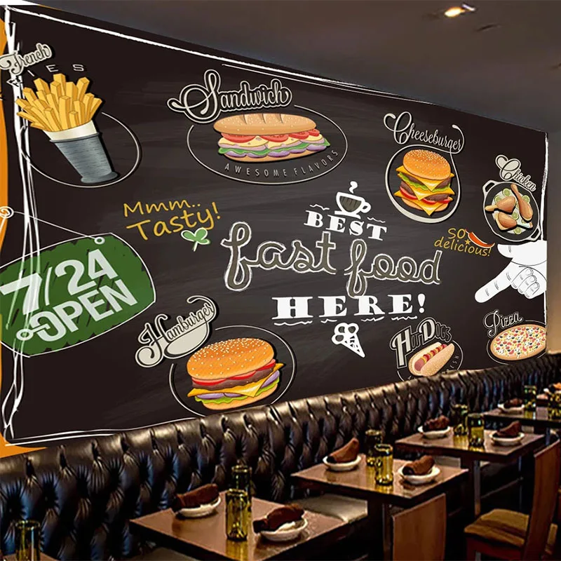 Custom Any Size Mural Wallpaper European Style Pizza Dessert Shop Blackboard Colorful Graffiti Fresco Fast Food Restaurant Mural