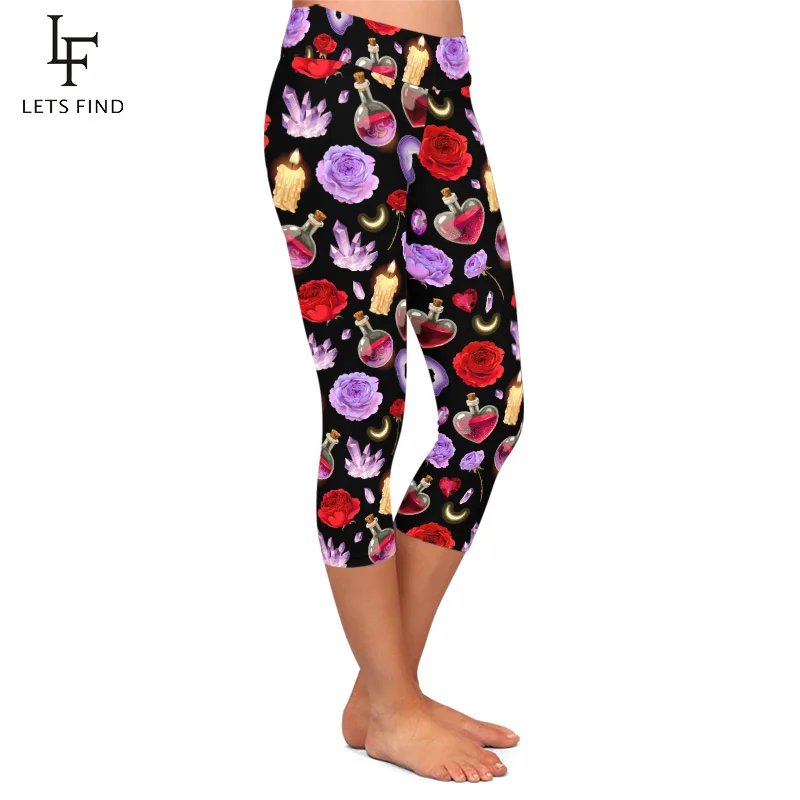 LETSFIND Summer High Waist Fitness Slim Capri Leggings Fashion Magic Glass Flask and Candle Print Women Balck Leggings