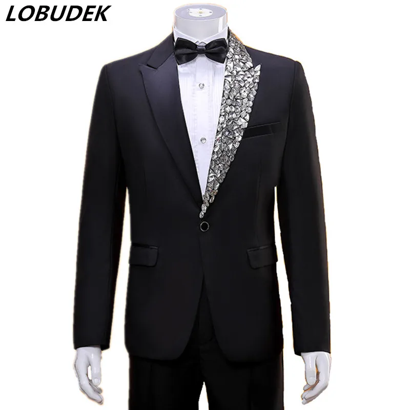 Fashion Men's Black Slim Suit Rhinestones Collar Blazer Pants 2 Pieces Set Evening Singer Host Stage  Photographic Studio Suits