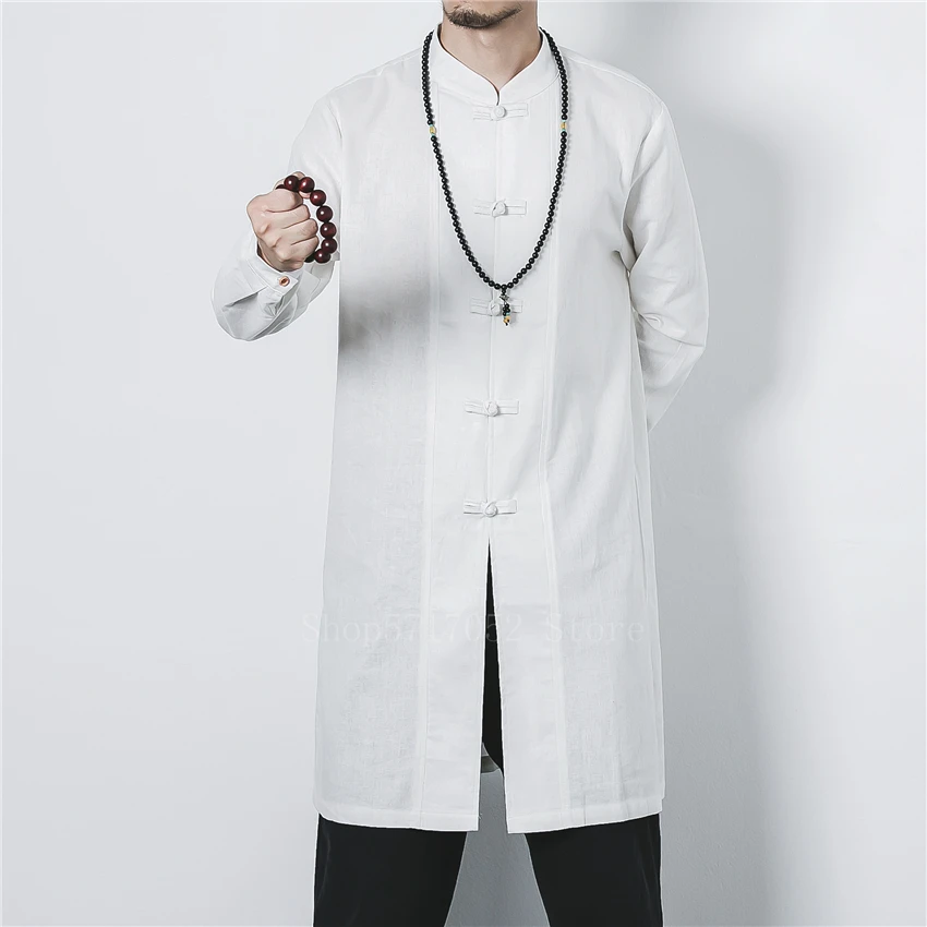 

Chinese Traditional Traditional Clothing Fairy Men Male Pure Color Linen Long Blouse Stand Collar Jacket Tang Suit Top Kung Fu