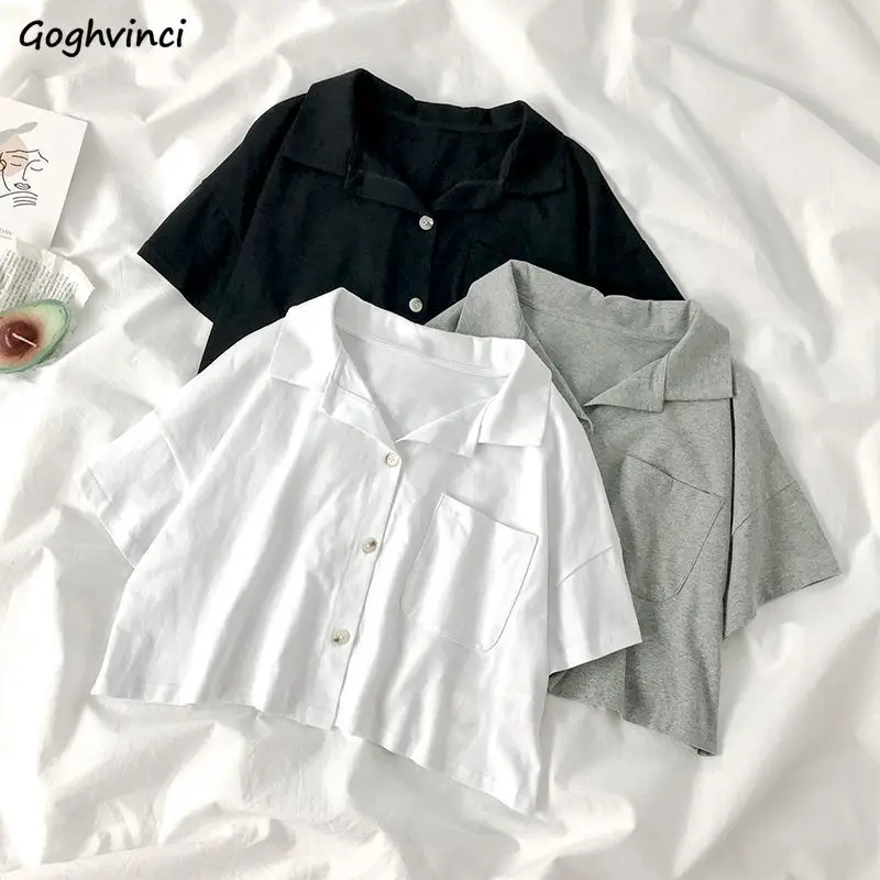 Turn-down Collar Short Sleeve T-shirts Women Solid Single Breasted Crop Tops All-match High-street Students Summer Ulzzang Chic