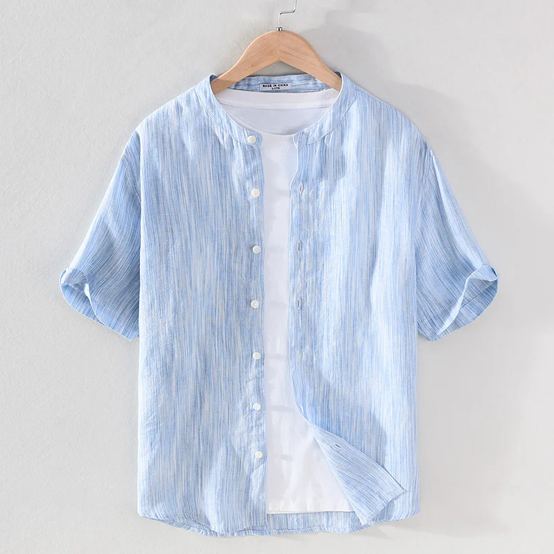 

Designer new style yarn-dyed striped pure linen shirt men fashion stand collar blue shirts for men tops mens clothing chemise