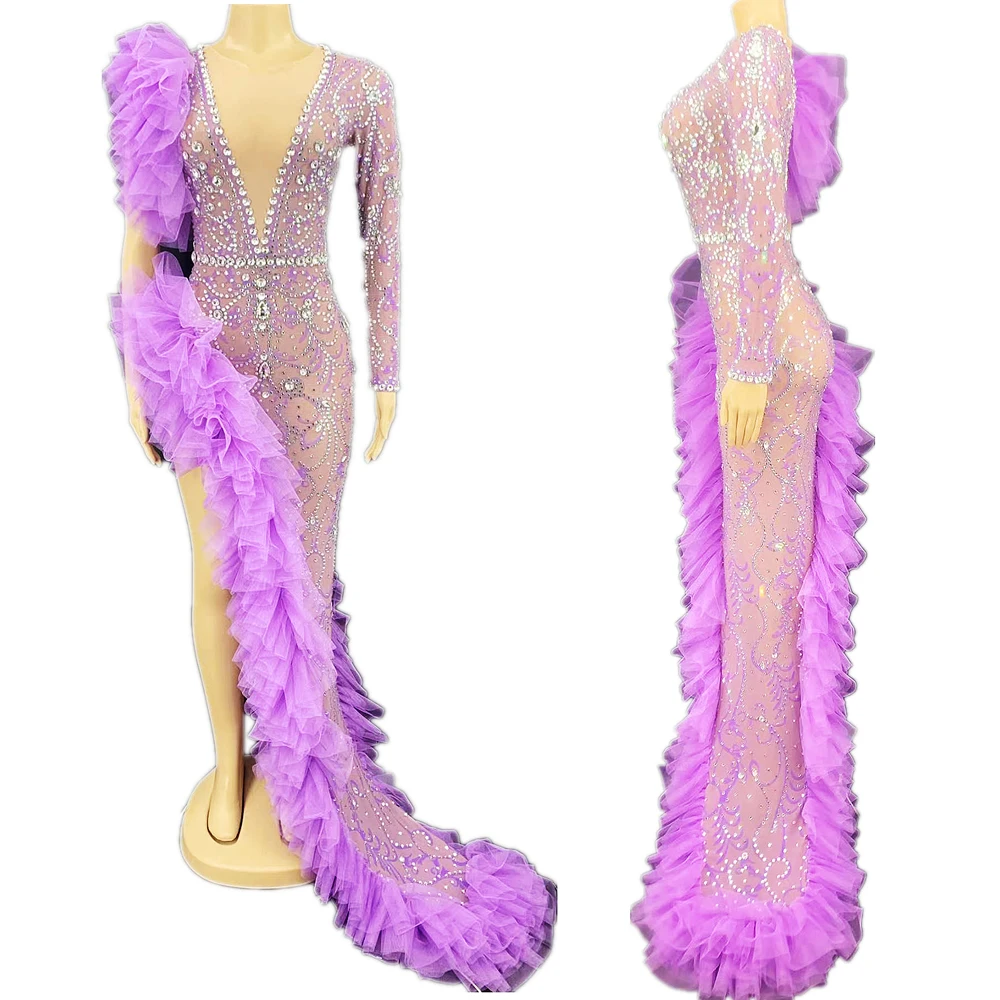 

Women Purple Rhinestones Crystal Gauze Wrap Hips Dress Dance Singer Host Birthday Costume