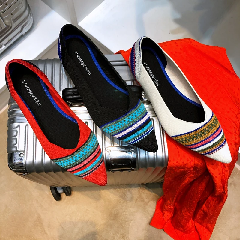 

2021 Summer Woven Women's Flat Shoes Pointed Shallow Soft Sole Ballet Shoes Color Casual Knit Pregnant Shoes Ladies Zapatos De