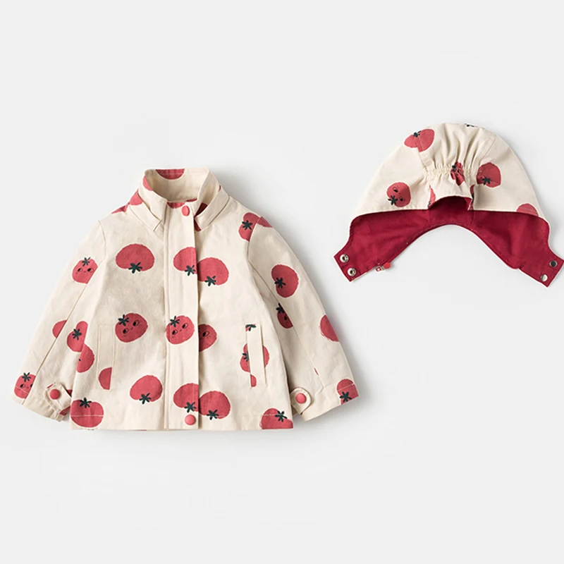 1-7Y Fashion Toddler Kids Baby Girl Spring Coats Clothes Cute Tomato Print Detachable Hooded Kid Jacket Coat Outwear Windbreaker