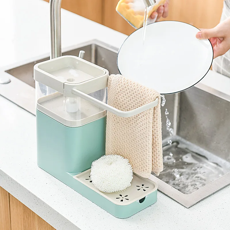 Two In One Sponge Drain Soap Dispenser With Sponge Pump Dispenser Wipe Arrangement Rack Dish Towel Hanger Kitchen Storage Holder