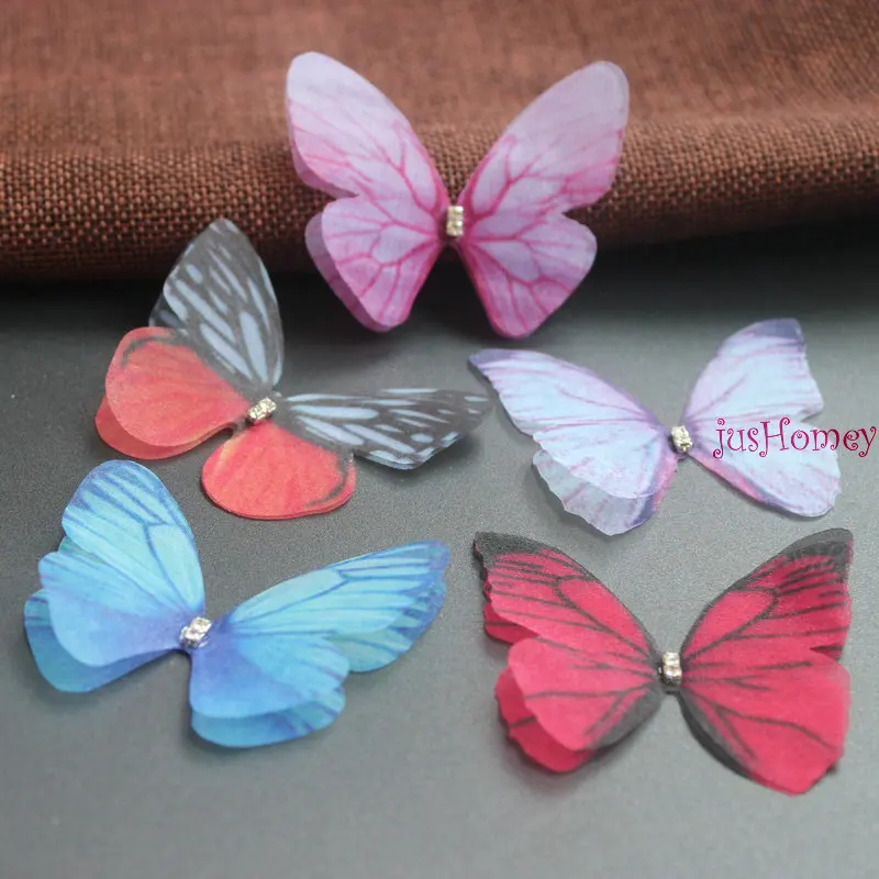 50PCS Colorful Organza Fabric Butterfly Appliques 60mm Translucent Chiffon Butterfly for Party Decor, Doll Embellishment