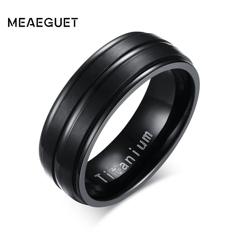 Meaeguet Classic Black 100% Titanium Carbide Wedding Rings For Men 3 Lines 8MM Wide Engagement Anel Jewelry