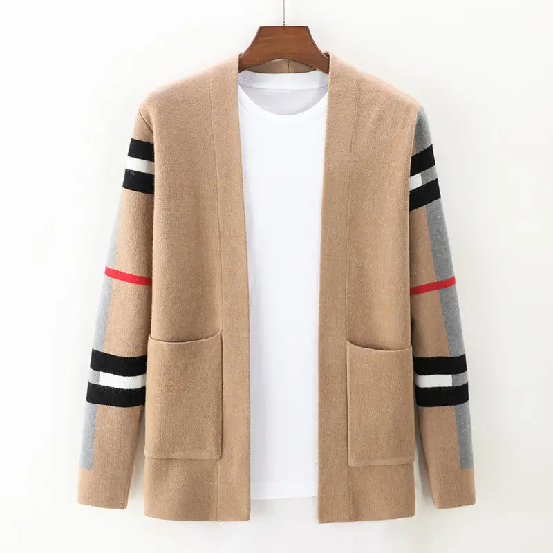 Large Size 105KG Khaki Men's Cardigan, Pocket Autumn New Black Men's Knitted Cardigan,Korean Striped Fashion Sweater Coat Jacket