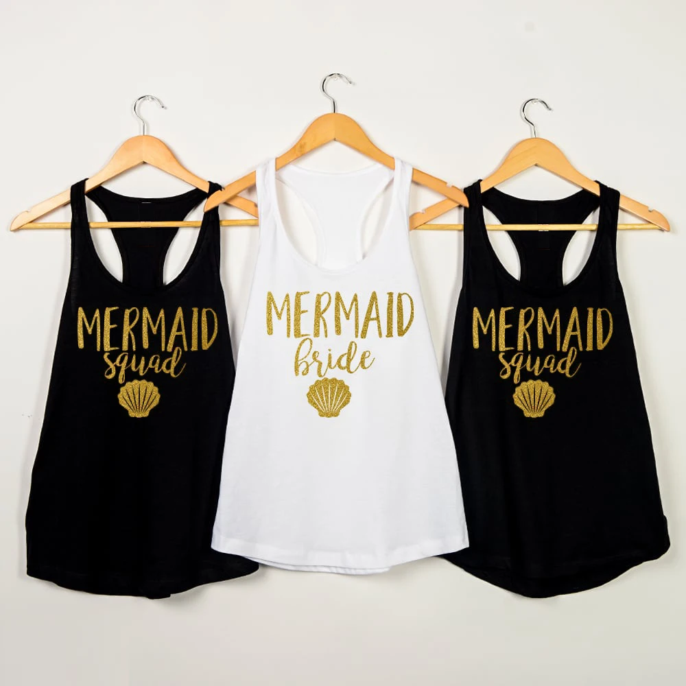 Funny Tanks Tops Vest Undershirt Singlet Sleeveless Graphic Garment Bridesmaid Shirts Mermaid Bride & Mermaid Squad Sea Shell