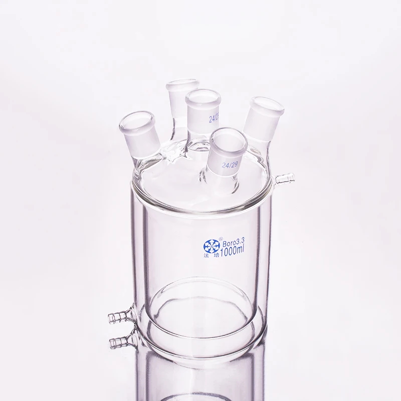 Double-deck cylindrical Five-necked flat bottom flask,Capacity 1000ml,Joint 24/29,Mezzanine jacketed reactor bottle