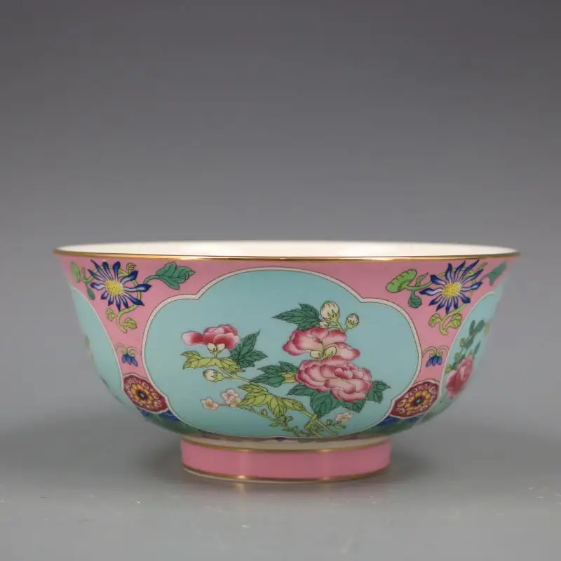 Qing Qianlong Pink Flowers Golden Bowl Antique Craft Porcelain Home Furnishings Antique Collection