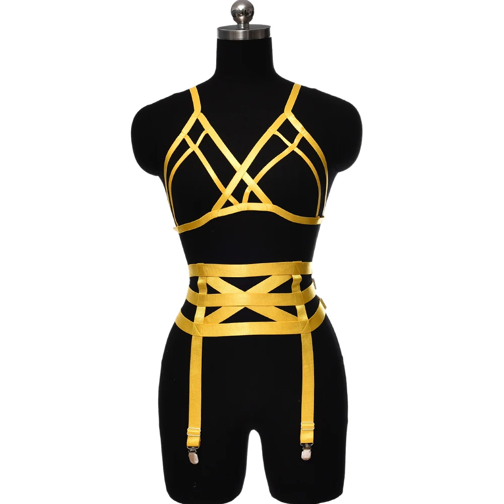 

Bright Yellow Body Harness High Waist Garter Bondage Body Cage Lingerie Suit Women Crop Top Bra Adjustable Full Harness Cage