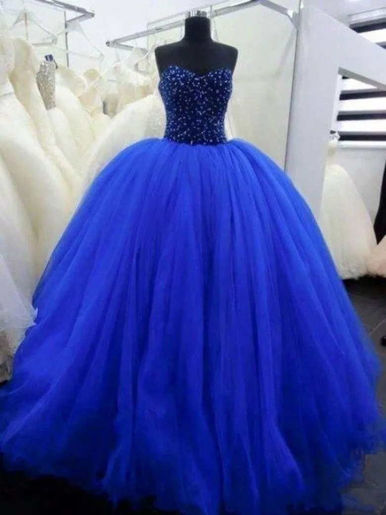 Echt Bild Quinceanera Kleider Ballkleid Schatz Backless Perlen Kristall Rüschen Bodenlangen 2015 Royal Blue Tüll Prom Kleider