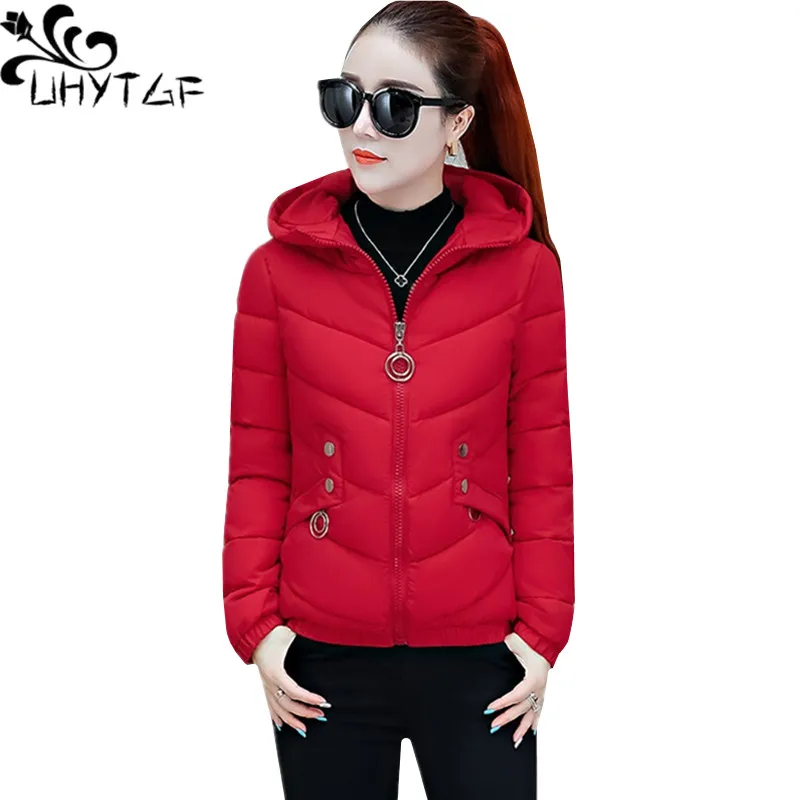 

UHYTGF Winter Women Down Jacket Thicken Warm Short Coats Solid Color Wild Casual Big Size Cotton Jacket Hooded Autumn Coat 1012