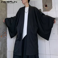 Männer Cardigan Öffnen Stich Lose Streetwear Langarm Graben 2023 Chic Vintage Punk Solide Lange Mäntel Herren Mantel Cape INCERUN 5XL