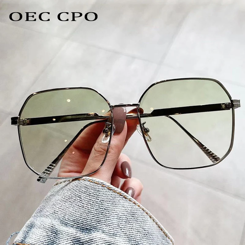 

OEC CPO Square Shades Sunglasses Women Fashion Oversized Green Sun Glasses Ladies Retro Alloy Eyeglass uv400 Lentes De Sol O1142