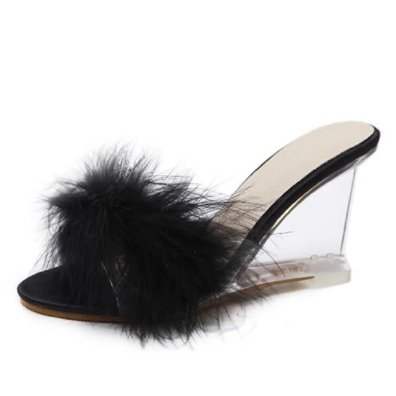 

3 Color Female Slipper 35-40 Women Shoes Slides Ultra-high-heeled 8.5cm Feather Wedges Crystal Transparent Wedding Shoes