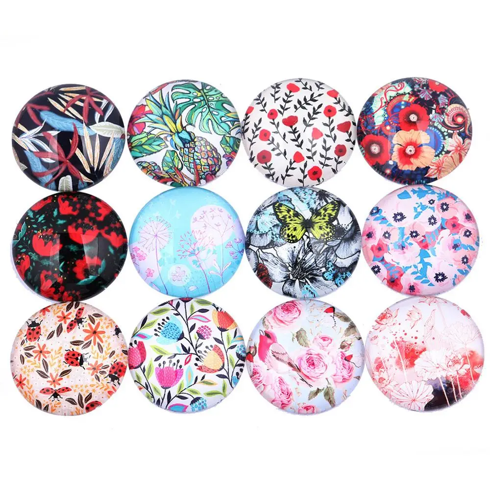 12mm 20mm 25mm Mixed Round teardrop Flatback Flroal butterfly Pattern Picture Glass Cabochon