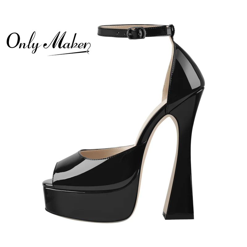 Onlymaker Women Platform Summer Sandals Black Patent Leather  Ankle Strap Chunky High Heels Causal Big Size Fashion Shoes