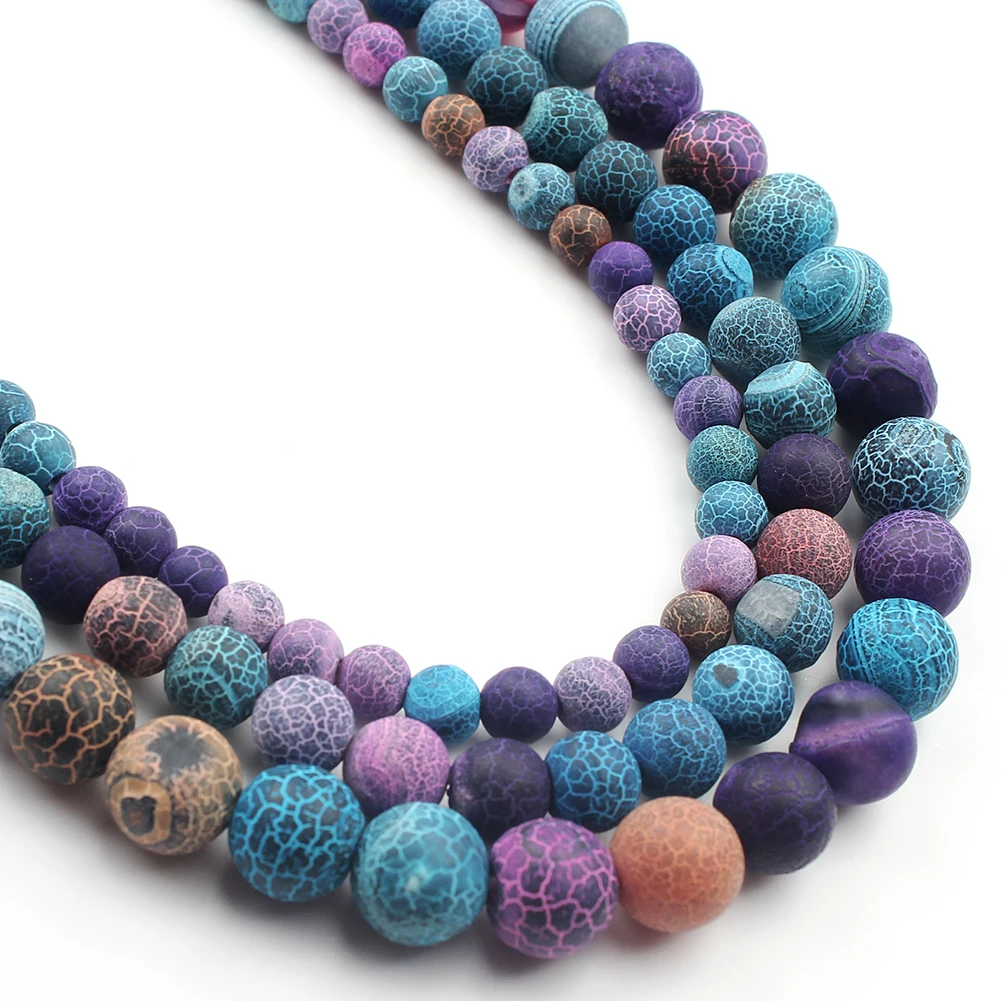 6MM-10MM Frost Cracked Mixed Color Agates Beads Natural Stone Matte Onyx Round Loose Beads for Jewelry Making Diy Bracelet 15''