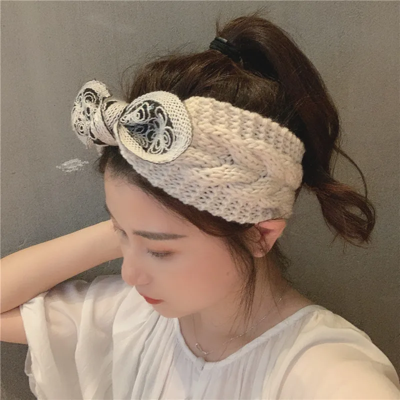 2024 Woolen Knitted Headband Elastic Hair Band Handmade Embroidered Big Bow Stretchable Head Wrap Bow Hair Accessories Wholesale