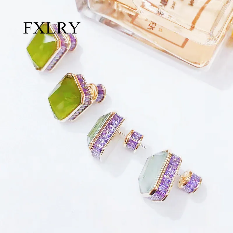 FXLRY High Quality Fashion Green Cubic Zircon Square Simple Stud Earring For Women Wedding Jewelry