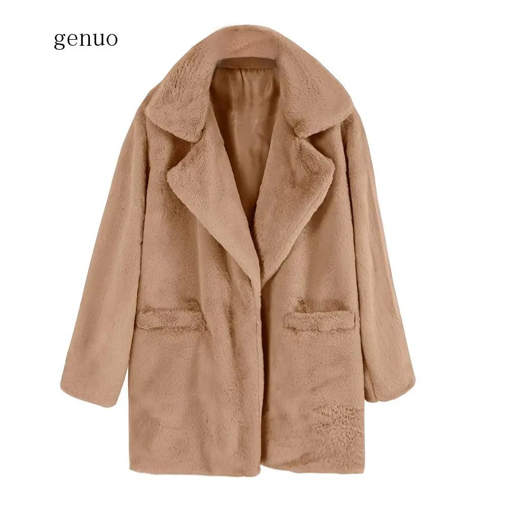 Abrigo de piel sintética para mujer, abrigo suave y cálido de manga larga con cuello vuelto, grueso, elegante, para Otoño e Invierno