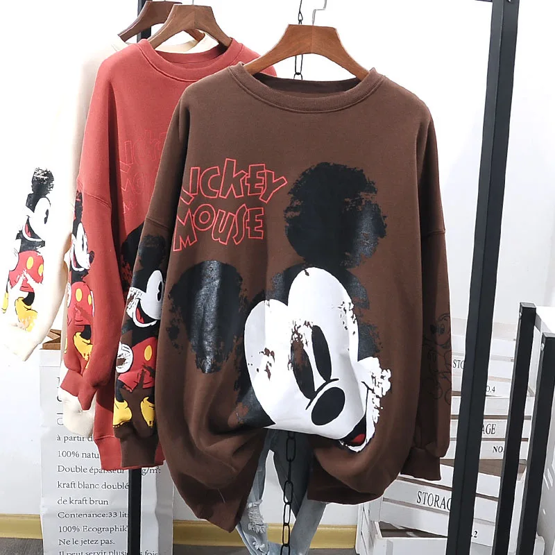 Disney Sweater Women\'s Cartoon Mickey Minnie Plush Thickened Sweater Spring Autumn Loose Korean Hatless Thickened Sweater Trendy