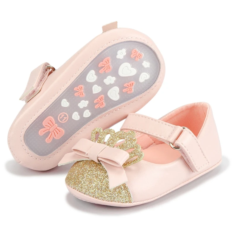 Jlong Newborn Baby Girls Mary Jane Flats Toddler Princess Wedding First Walkers 0-18M Infant Non-Slip Cute Bowknot Shoes