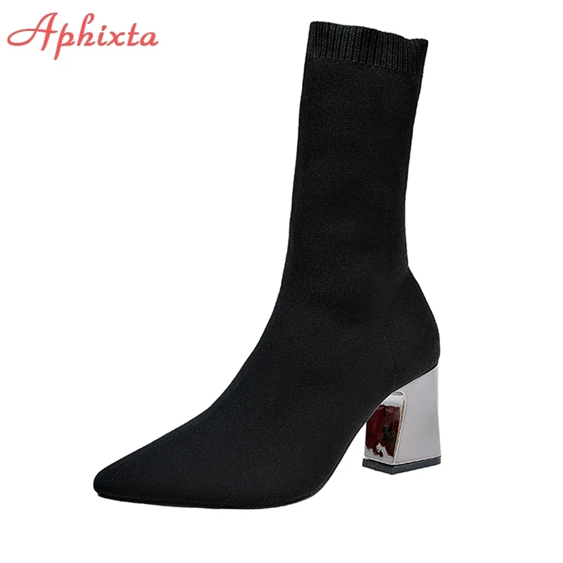 Aphixta Metal Color 7cm Square Heels Socks Boots Women Big Size 43 Stretch Fabric Elastic Pointed Toe Shoes Ankle Boot Woman