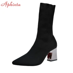 Aphixta calzini con tacco quadrato in metallo Color 7cm stivali donna taglia grande 43 tessuto elasticizzato punta a punta elastica scarpe stivaletto donna