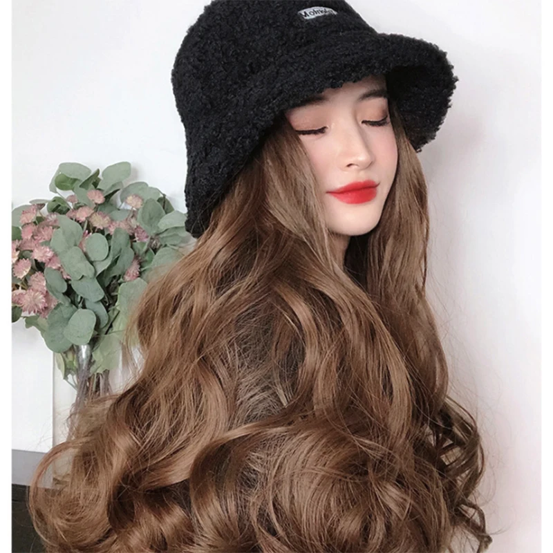 Hat Wig Hat Hair Extension Lamb cap Synthetic Hair High Ponytail Long Curly Hair Woman Headgear Fluffy Whole Wig Female Wearing