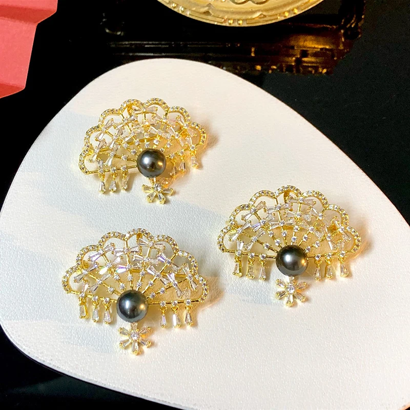 Vintage Fan Design Pearl Brooch Base Women DIY Breastpin Accessory