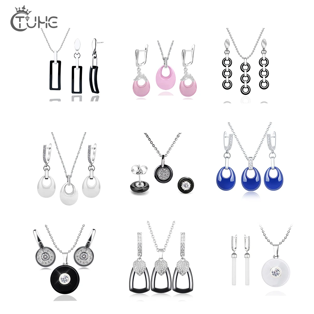 Fashion Women Jewelry Ceramic Set Black White Pink Blue Color Party Jewelry Smooth Material Wedding Engagement Party Gifts