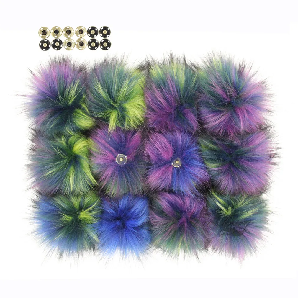 Large 16CM Faux Raccoon Fur Pompoms for Hats Pack 12pcs 6inch Faux Fur Pompoms with Press Button 15Colors
