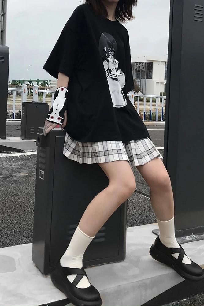 Goth anime czarne bluzki damskie t-shirty Gothic Harajuku Punk długi rękaw z nadrukiem wąskie koszulki Kawaii lato damski krótki Top y2k