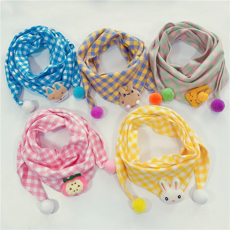 Korean Pure Color Children's Scarf Boys Girls Warm Bib Winter Plaid Cotton Linen Triangle Cartoon Hanging Ball Baby Scarves A165