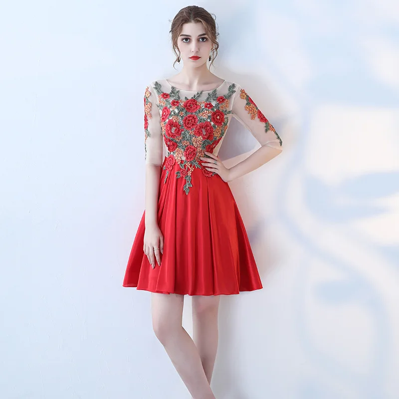 Doce flor laço pesado bordado vestidos de noite longo renda o-pescoço ruched elegante vestidos de baile vermelho rendas até voltar robe de soriee