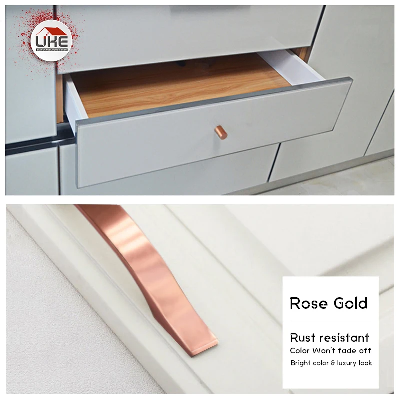UKE Rose Gold Drawer Handle Aluminum Drawer Pulls Never Rust Furniture Knob Kitchen Cupboard Handles