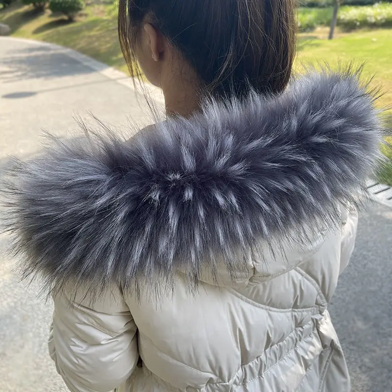 Faux Fur Collar For Parkas Coats luxury Warm Fox Raccoon Scarf Women Large Scarves Male Down jacket Fur Collar Fabric Dark Grey